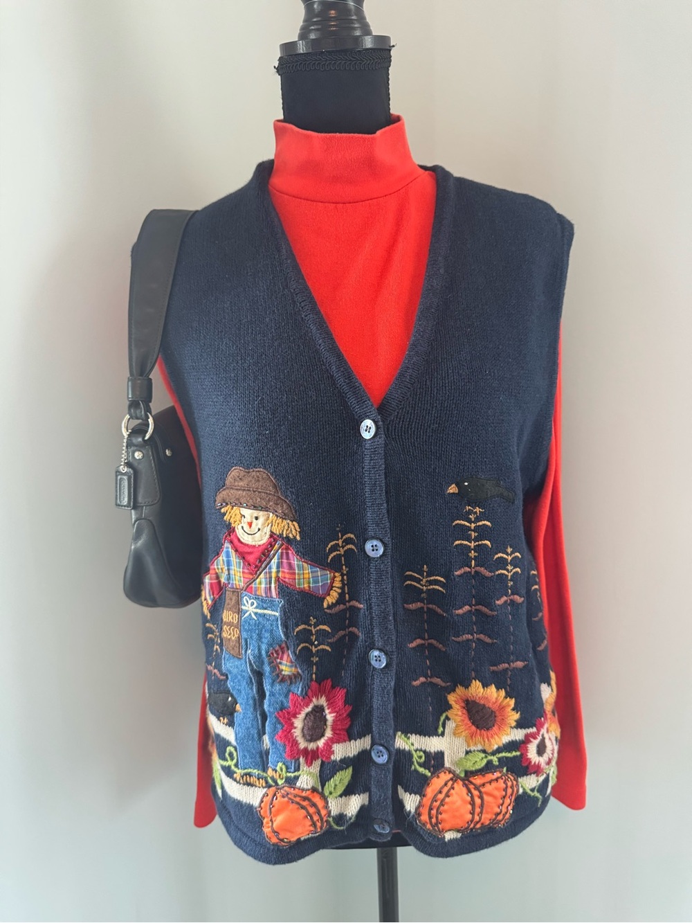 Vtg 90s Bobbie Brooks Navy Scarecrow  Embroidered V-Neck Sweater Vest Large